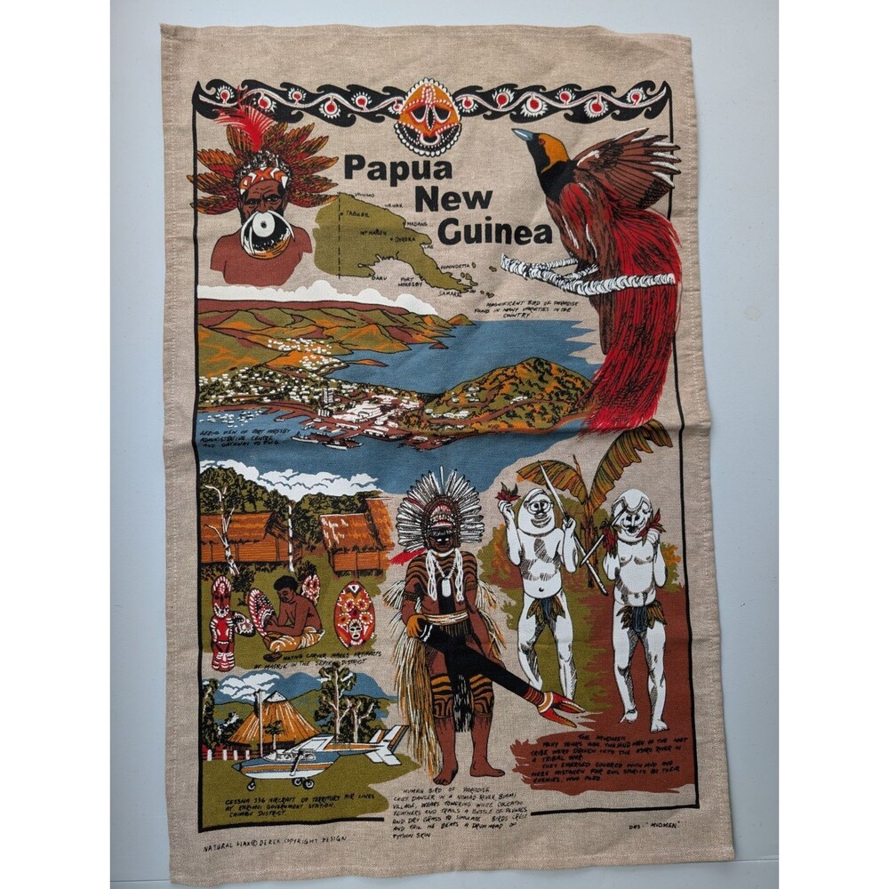 Papua New Guinea Souvenir Tea Towel Linen Cotton Tribal Art Des Mudmen 21x31